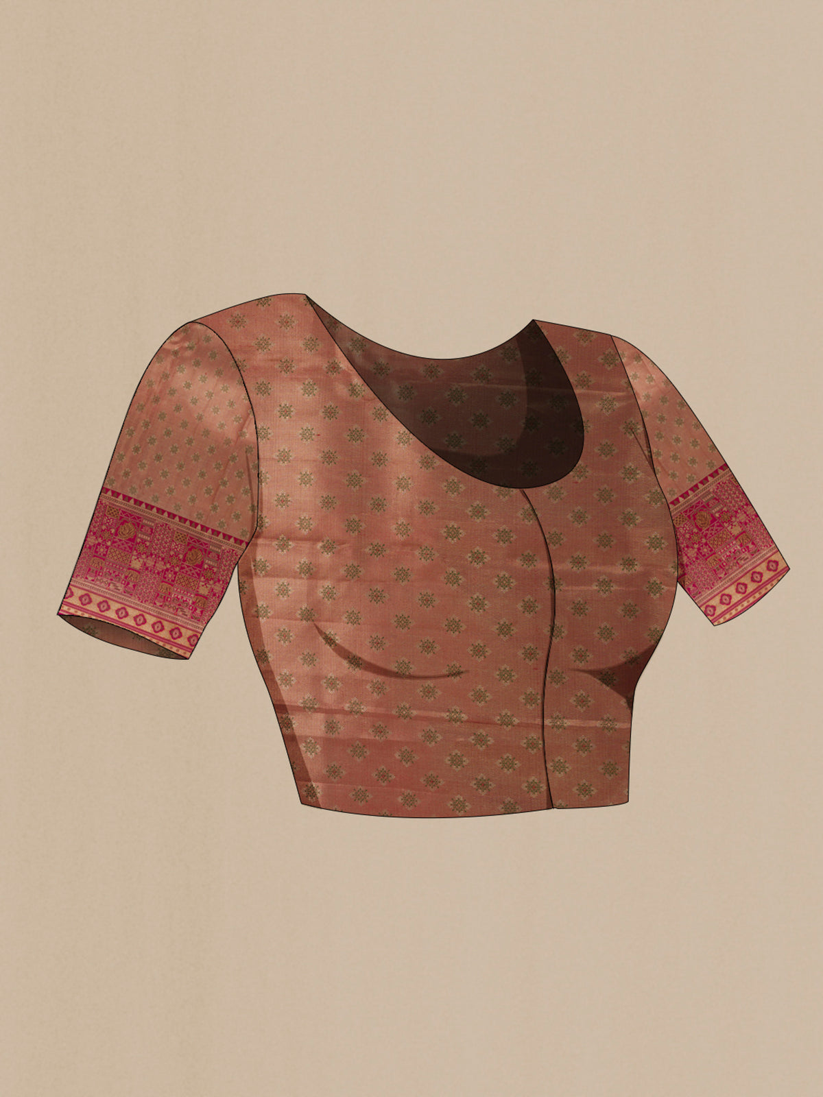 Close up image of the blouse of Pure Silk Mehandi Green Kanchipuram Saree with Zari Brocade on the body and Zari Border. 