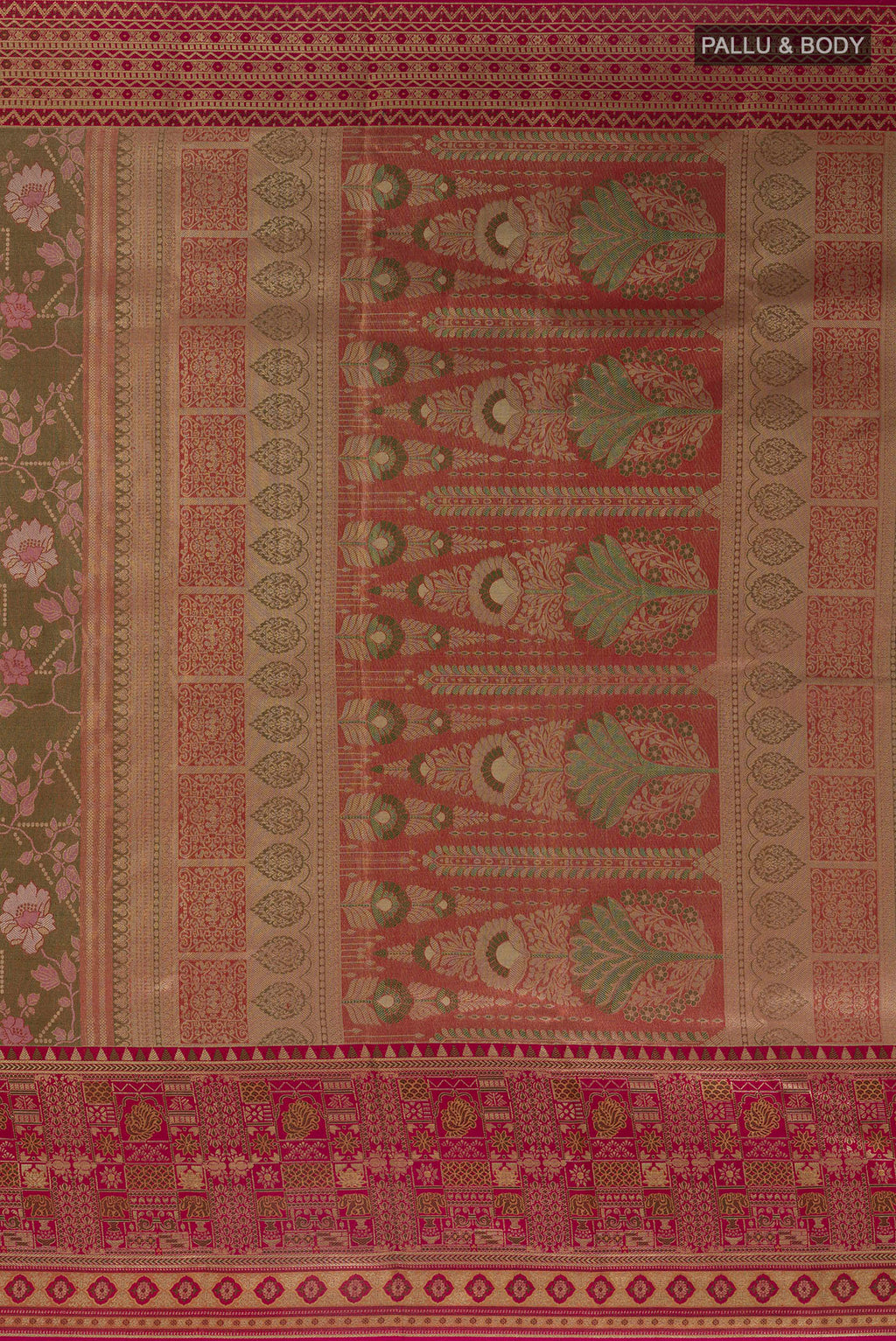 Close up image of the pallu of Pure Silk Mehandi Green Kanchipuram Saree with Zari Brocade on the body and Zari Border. 
