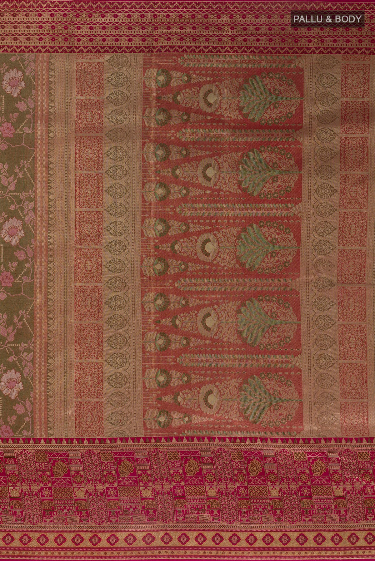 Close up image of the pallu of Pure Silk Mehandi Green Kanchipuram Saree with Zari Brocade on the body and Zari Border. 