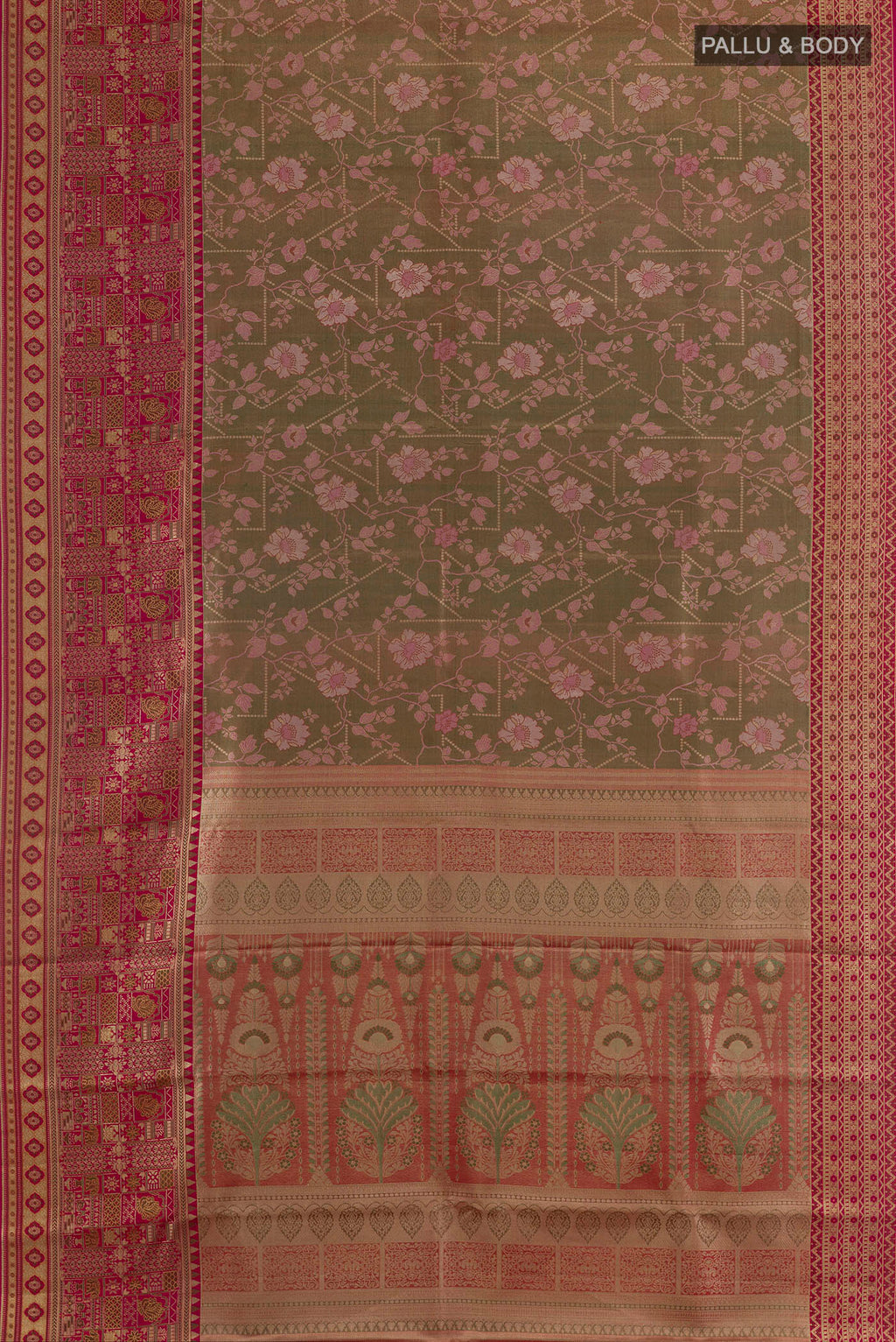 Flat view of Pure Silk Mehandi Green Kanchipuram Saree with Zari Brocade on the body and Zari Border. 