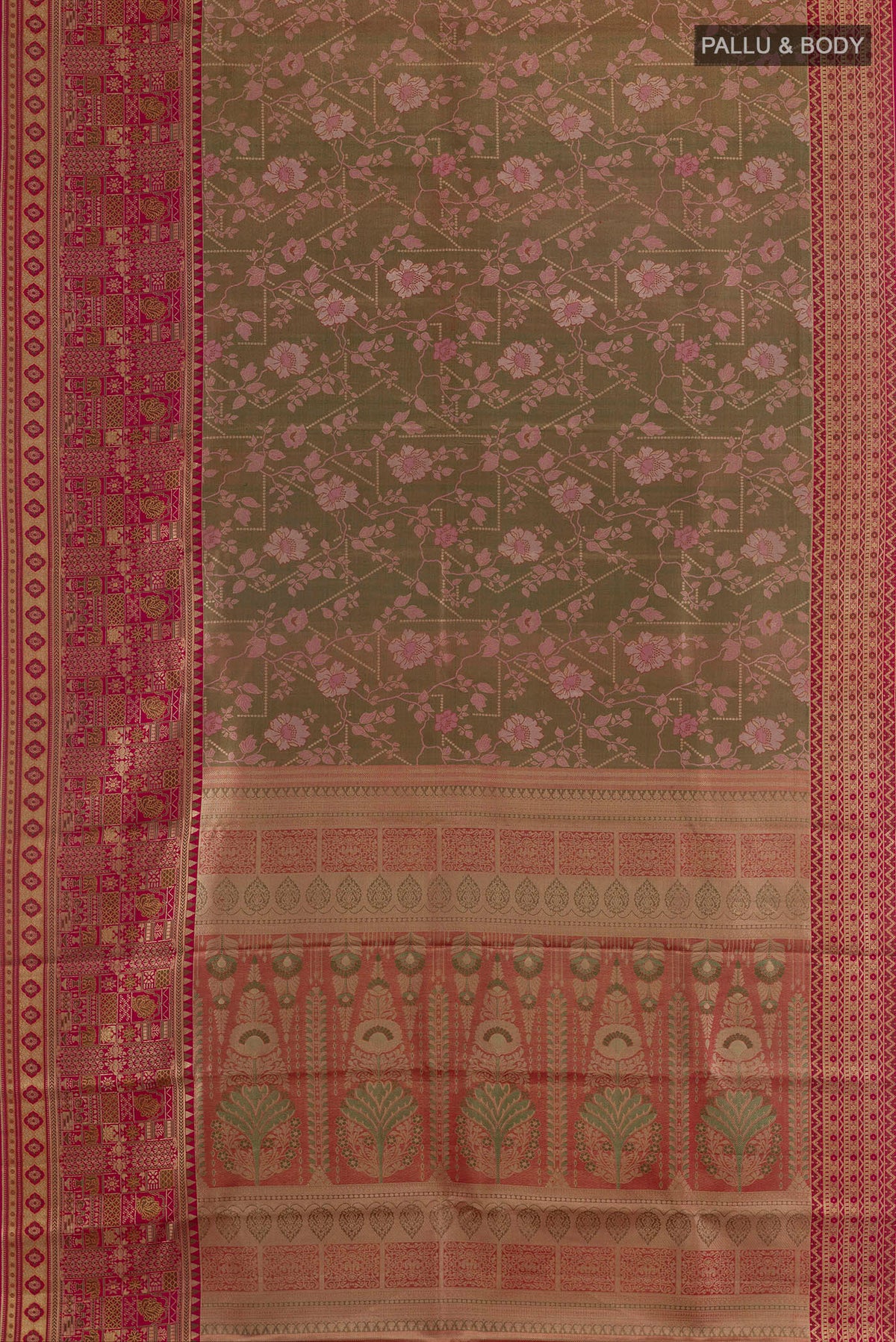 Flat view of Pure Silk Mehandi Green Kanchipuram Saree with Zari Brocade on the body and Zari Border. 