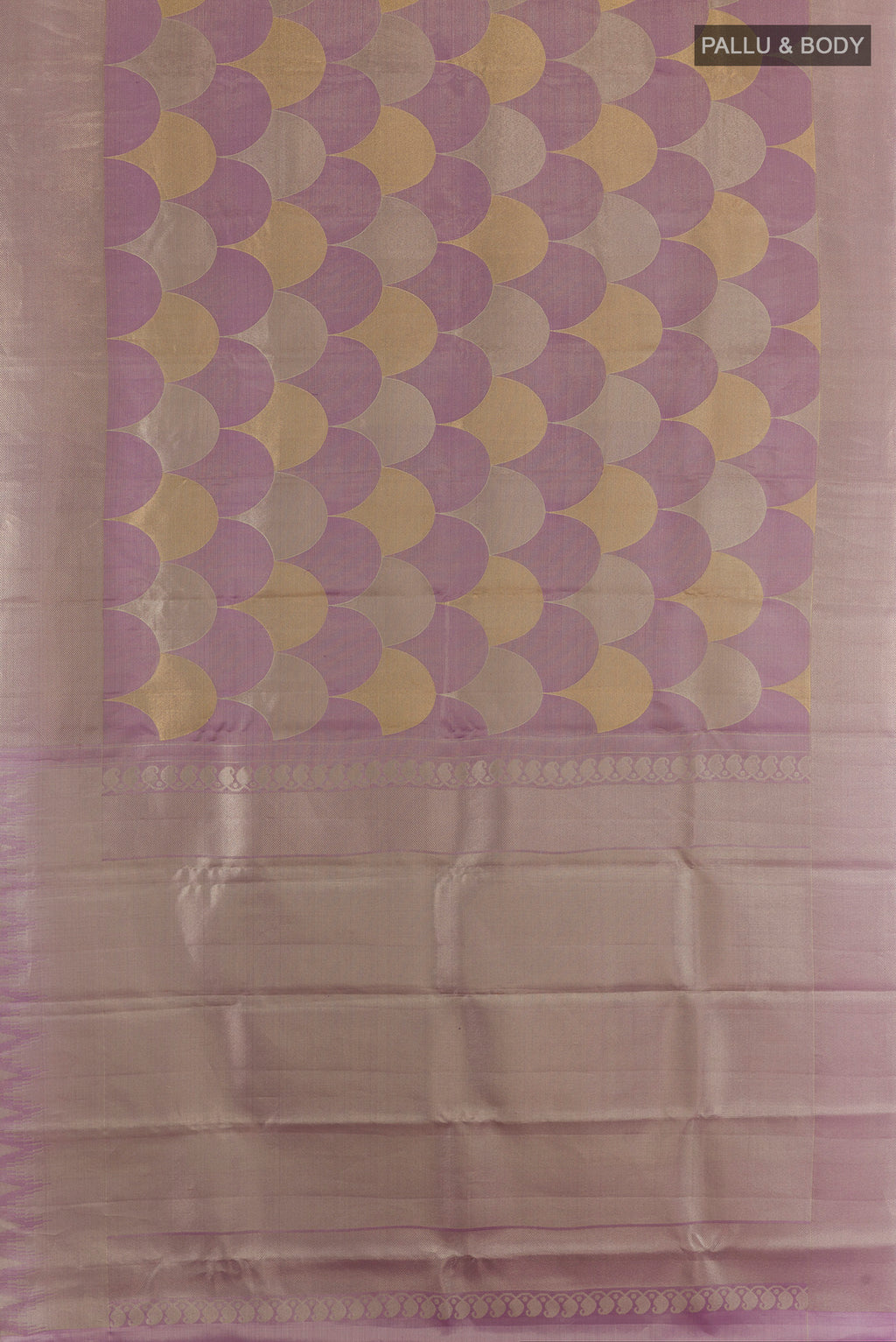 Flat view of Pure Silk Lavender Kanchipuram Saree with Zari Brocade on the body and Zari Border. 