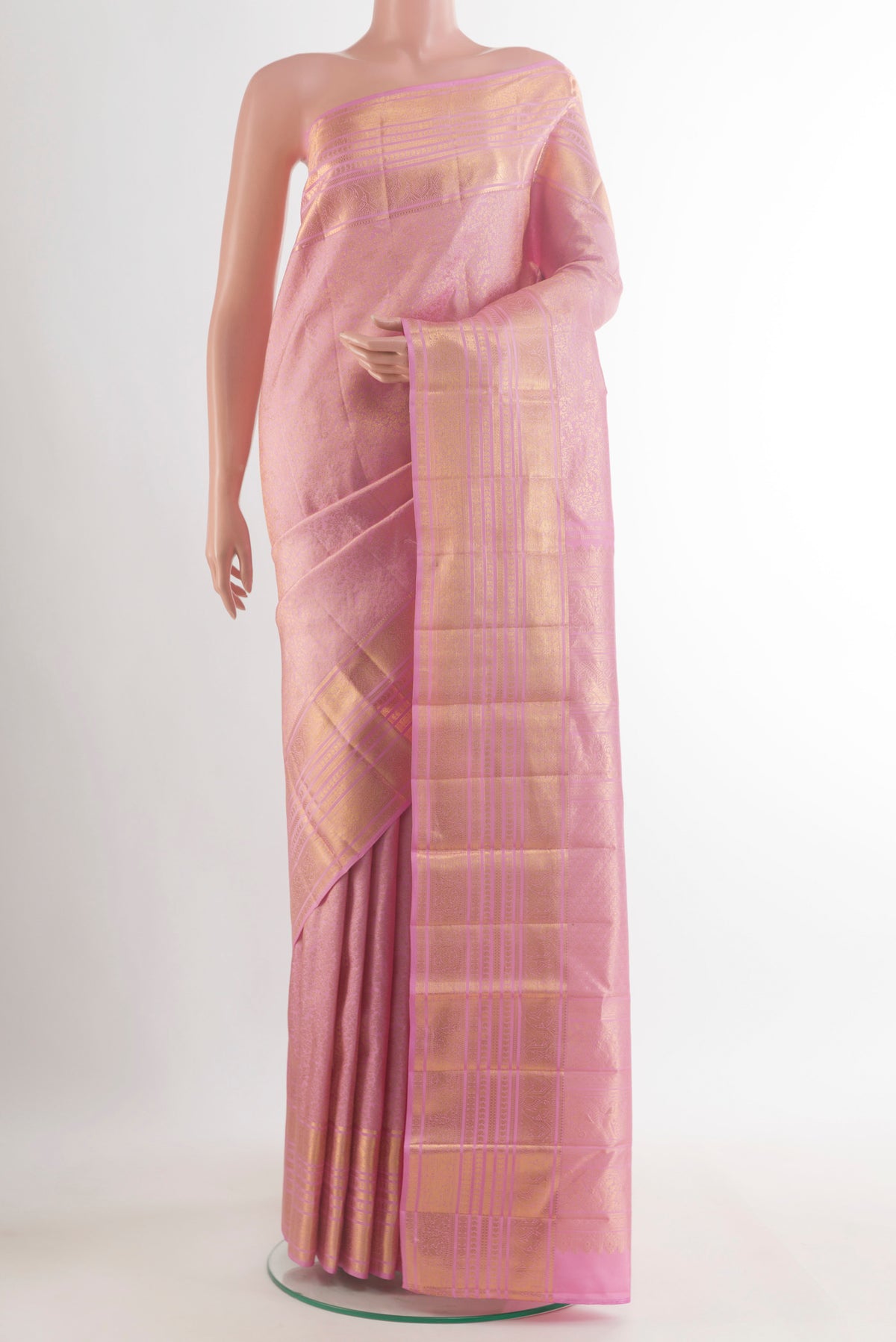 Pure Silk Pink Dual Tone Kanchipuram Saree with Zari Brocade on the body and Zari Border.  displayed on a mannequin