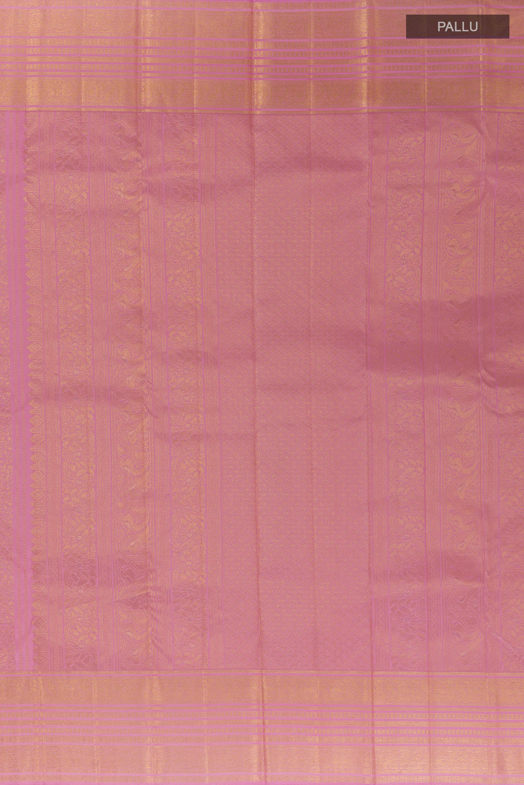 Close up image of the pallu of Pure Silk Pink Dual Tone Kanchipuram Saree with Zari Brocade on the body and Zari Border. 