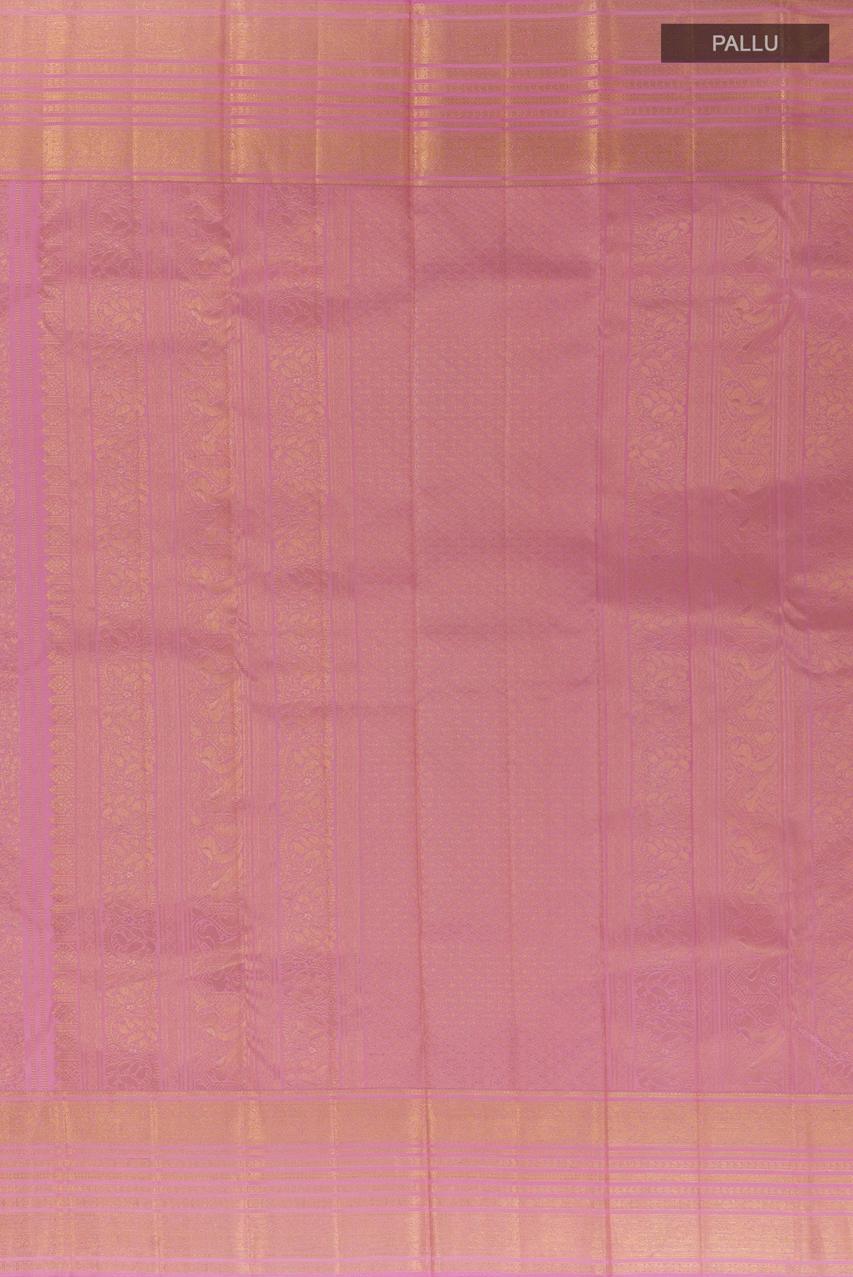 Close up image of the pallu of Pure Silk Pink Dual Tone Kanchipuram Saree with Zari Brocade on the body and Zari Border. 