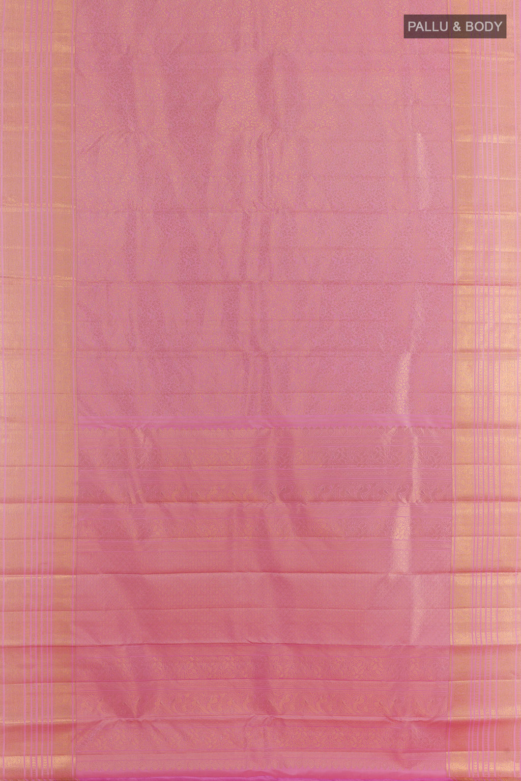 Flat view of Pure Silk Pink Dual Tone Kanchipuram Saree with Zari Brocade on the body and Zari Border. 