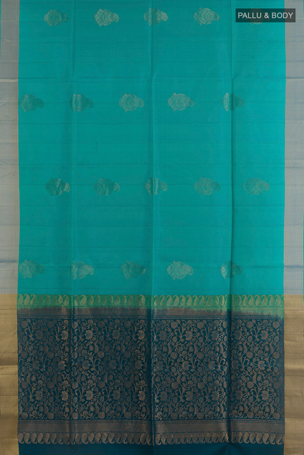 Flat view of Pure Silk Sea Green Soft Saree with Zari Butta on the body and Zari Border. 
