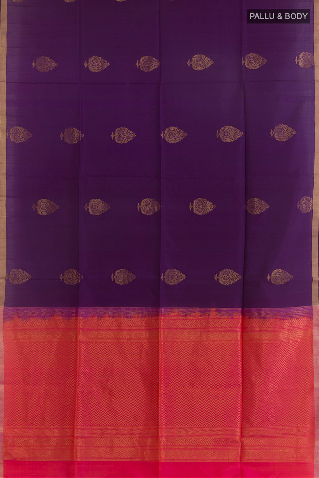 Flat view of Pure Silk Purple Soft Saree with Zari Butta on the body and Zari Border. 