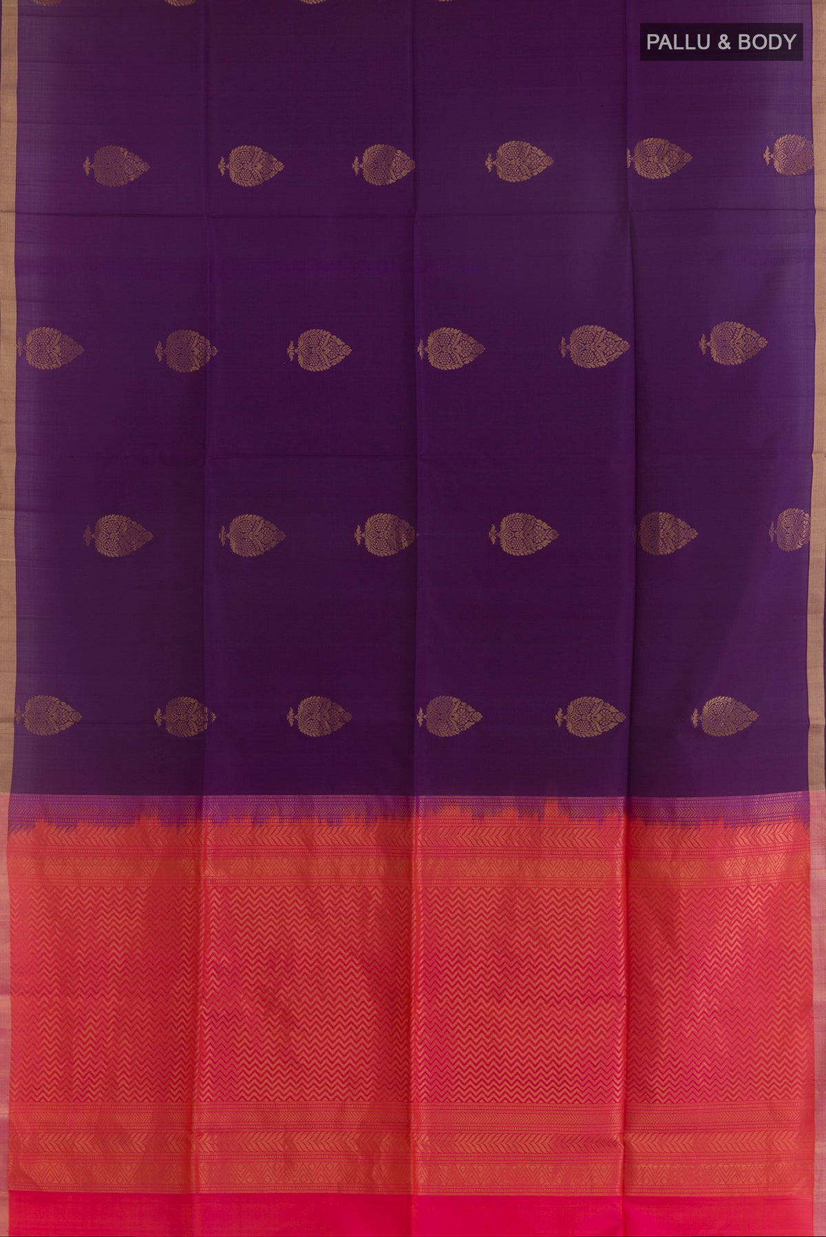 Flat view of Pure Silk Purple Soft Saree with Zari Butta on the body and Zari Border. 