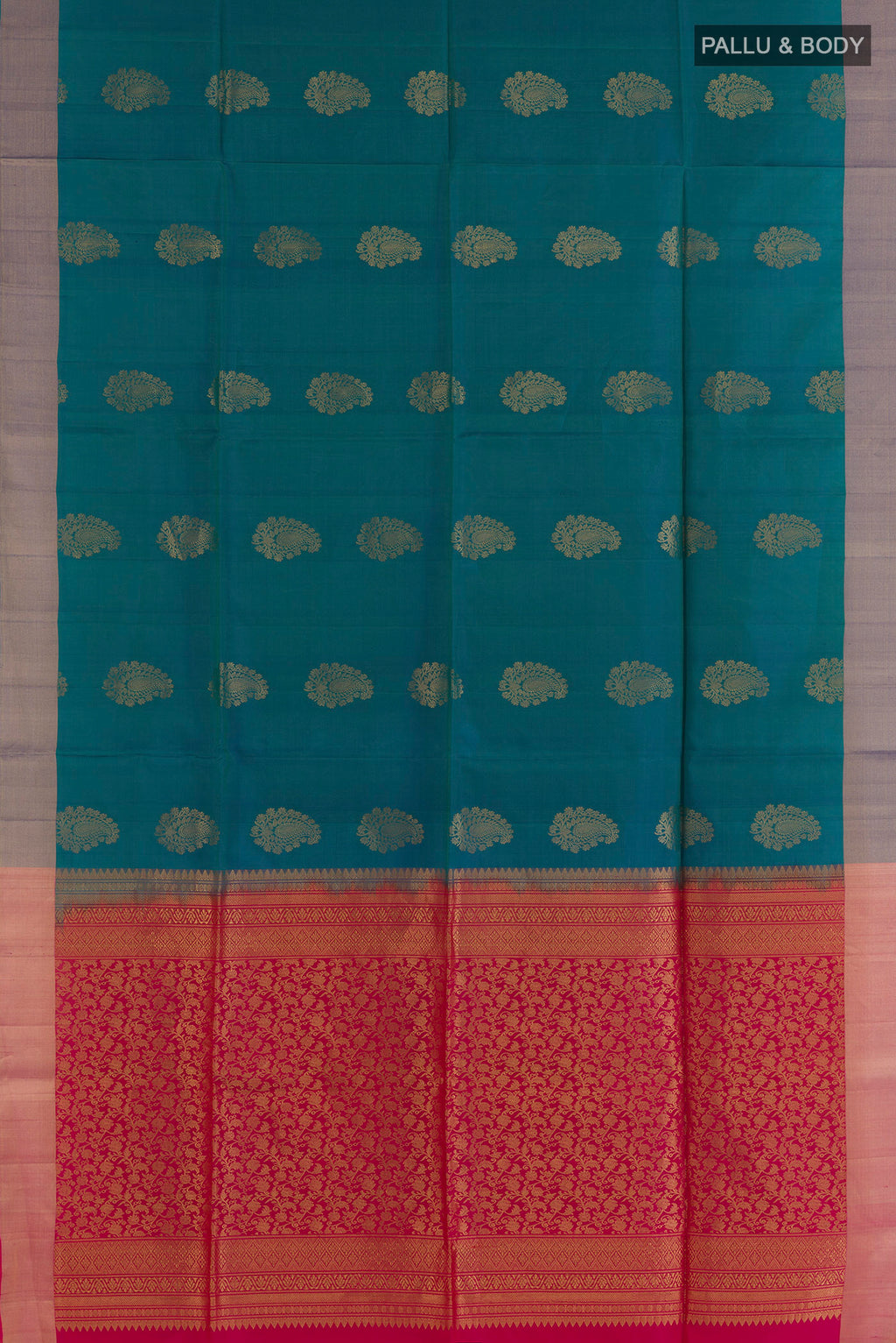 Flat view of Pure Silk Peacock Blue Soft Saree with Zari Butta on the body and Zari Border. 
