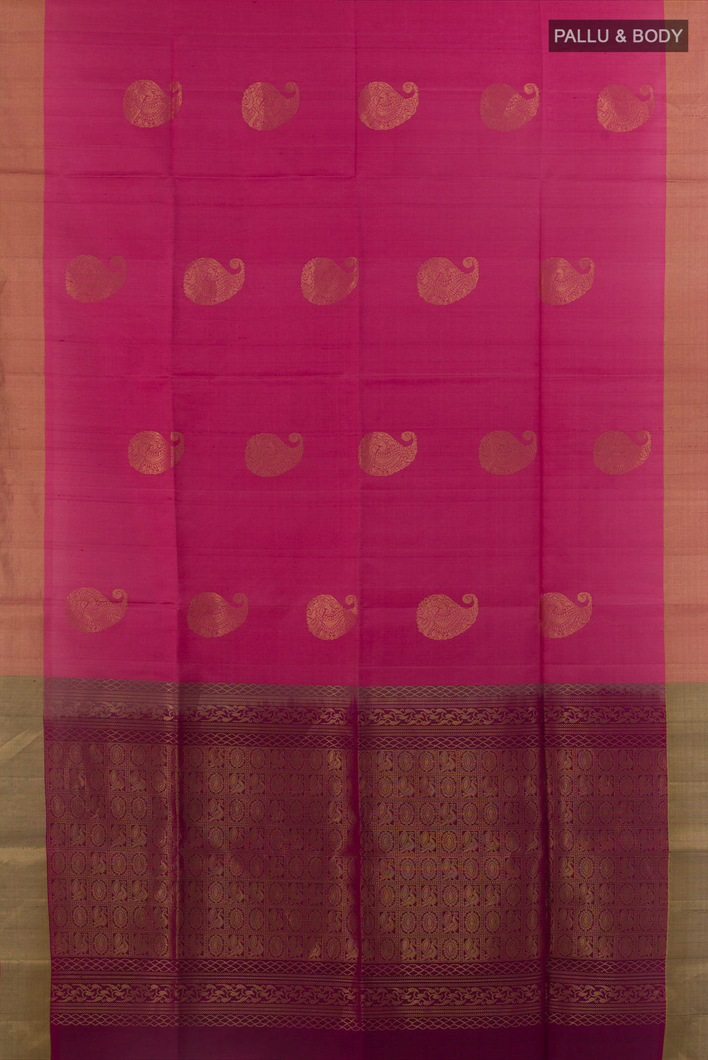 Flat view of Pure Silk Pink Soft Saree with Zari Butta on the body and Zari Border. 