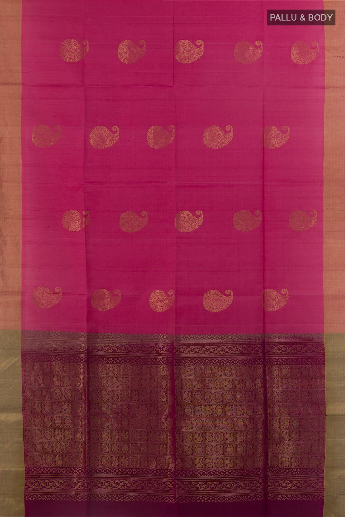 Flat view of Pure Silk Pink Soft Saree with Zari Butta on the body and Zari Border. 