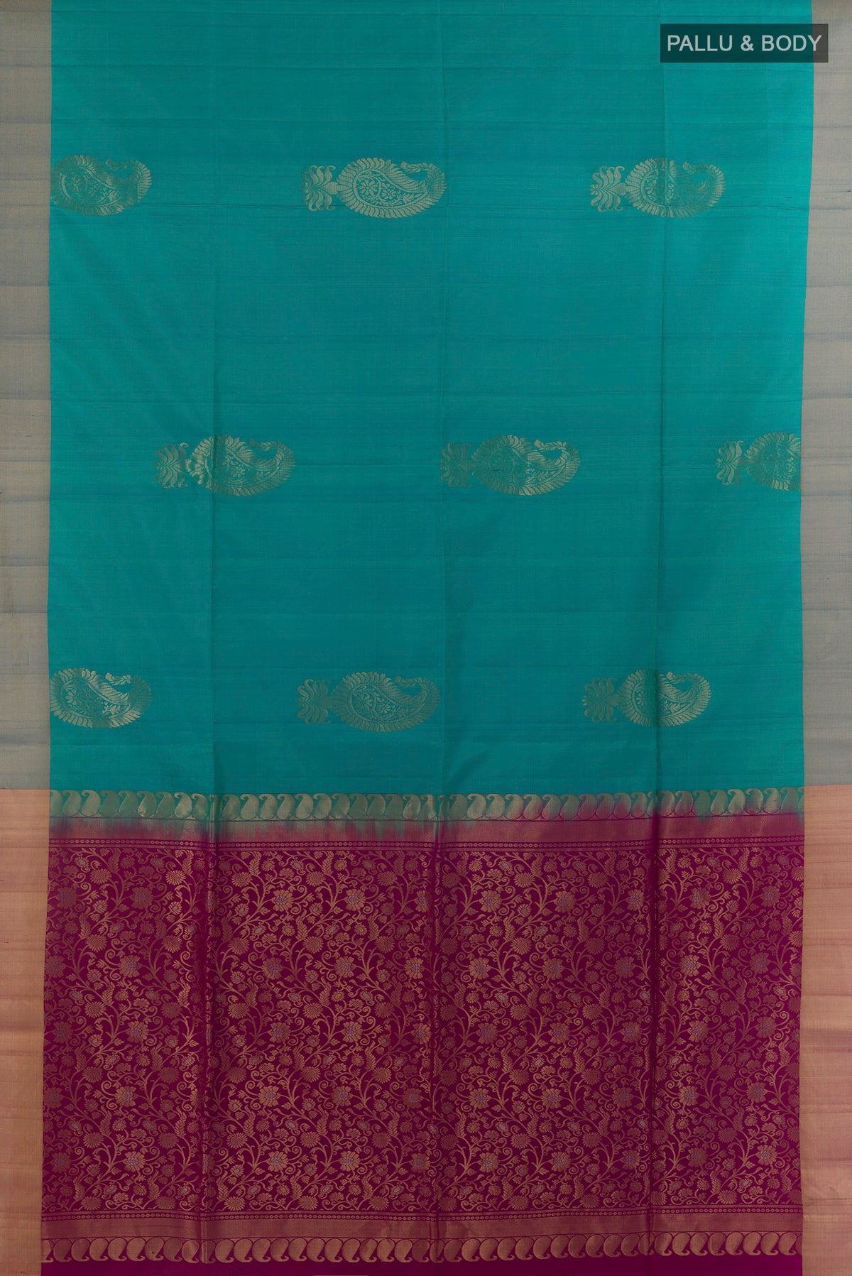 Flat view of Pure Silk Sea Green Soft Saree with Zari Butta on the body and Zari Border. 