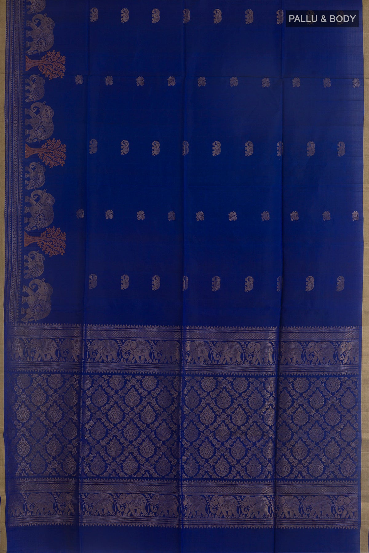 Flat view of Pure Silk Blue Soft Saree with Zari Butta on the body and Zari Border. 