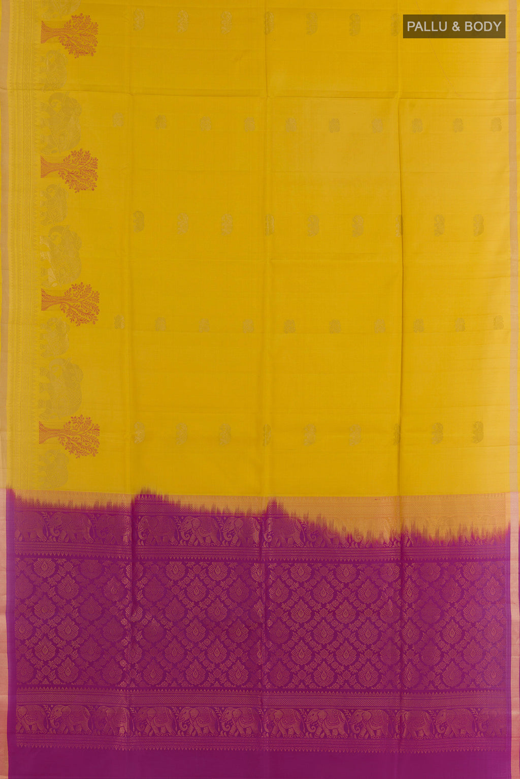 Flat view of Pure Silk Yellow Soft Saree with Zari Butta on the body and Zari Border. 