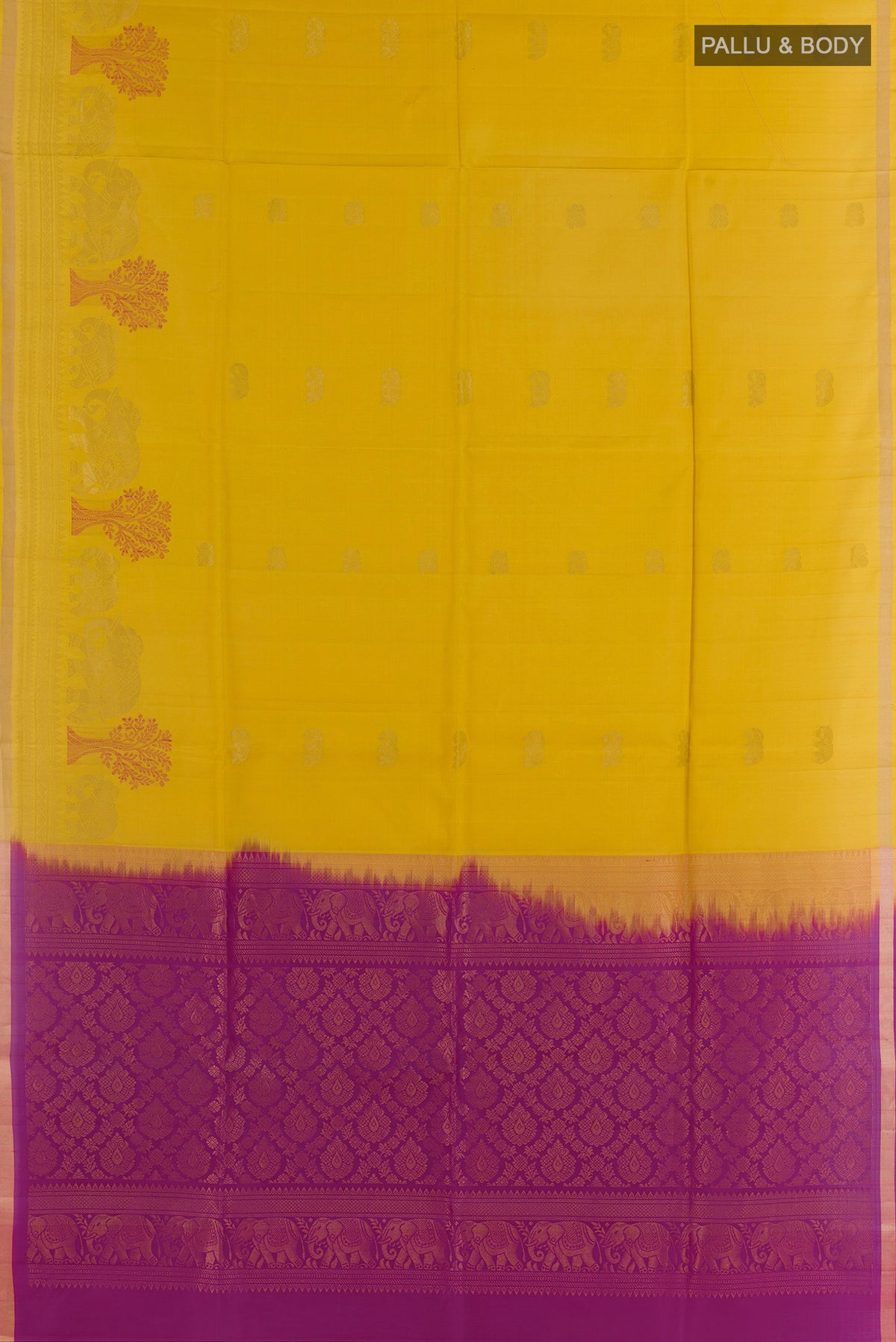 Flat view of Pure Silk Yellow Soft Saree with Zari Butta on the body and Zari Border. 