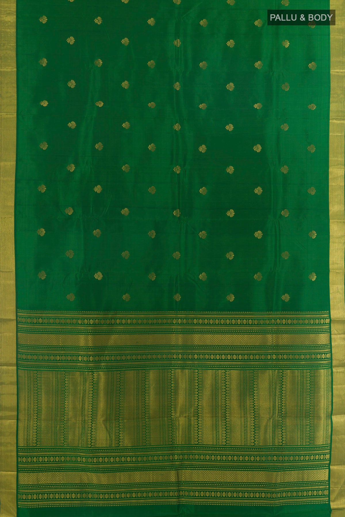 Flat view of Pure Silk Green Kanjivaram Saree with Zari Butta on the body and Zari Border. 