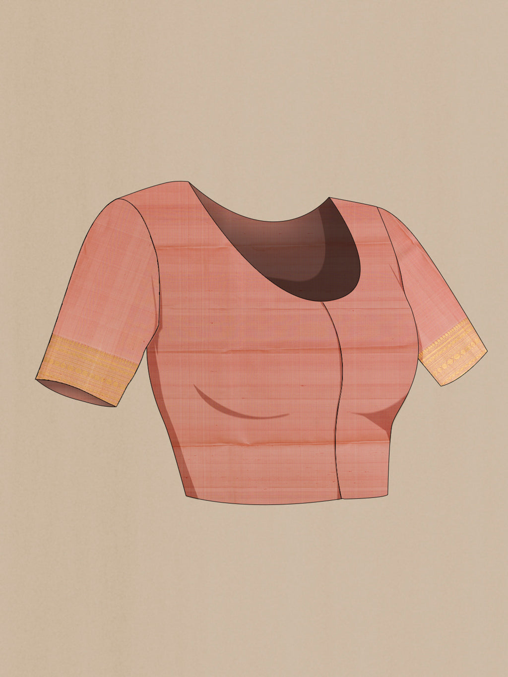 Close up image of the blouse of Pure Silk Peach Kanjivaram Saree with Zari Butta on the body and Zari Border. 
