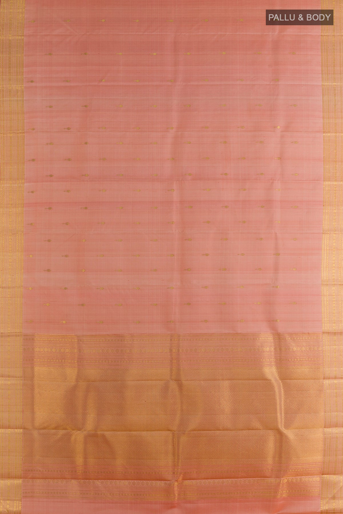 Flat view of Pure Silk Peach Kanjivaram Saree with Zari Butta on the body and Zari Border. 