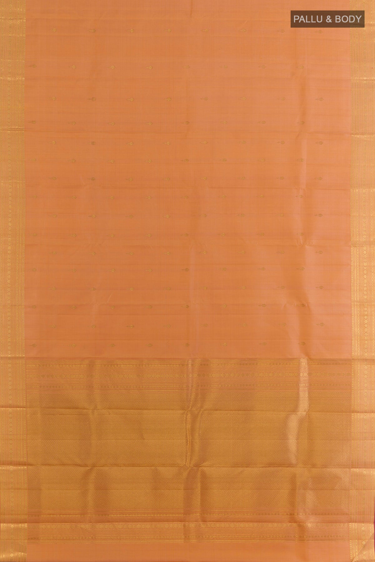 Flat view of Pure Silk Sandal Kanjivaram Saree with Zari Butta on the body and Zari Border. 