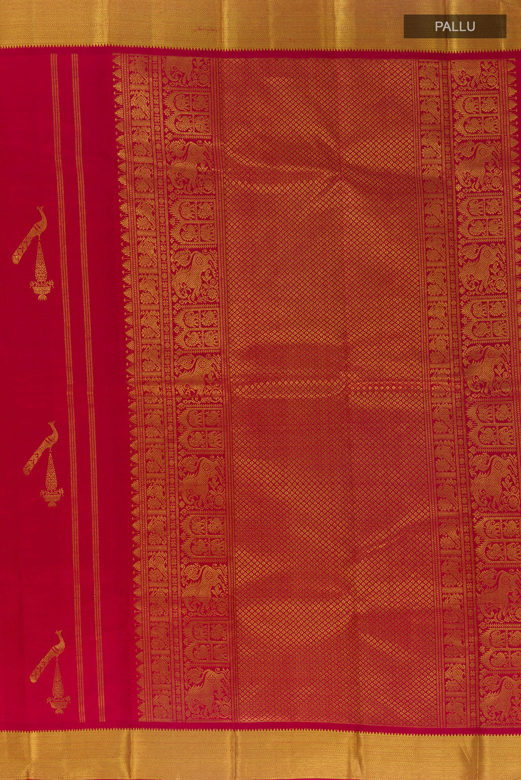 Close up image of the pallu of Pure Silk Red Kanjivaram Saree with Zari Butta on the body and Zari Border. 