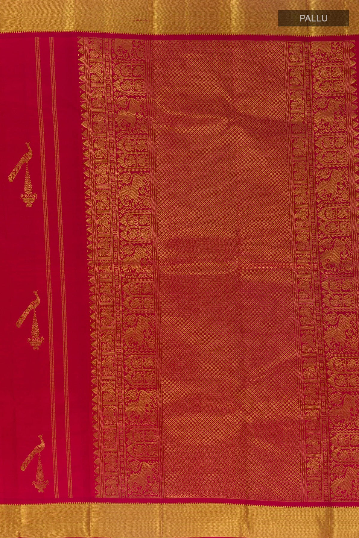 Close up image of the pallu of Pure Silk Red Kanjivaram Saree with Zari Butta on the body and Zari Border. 