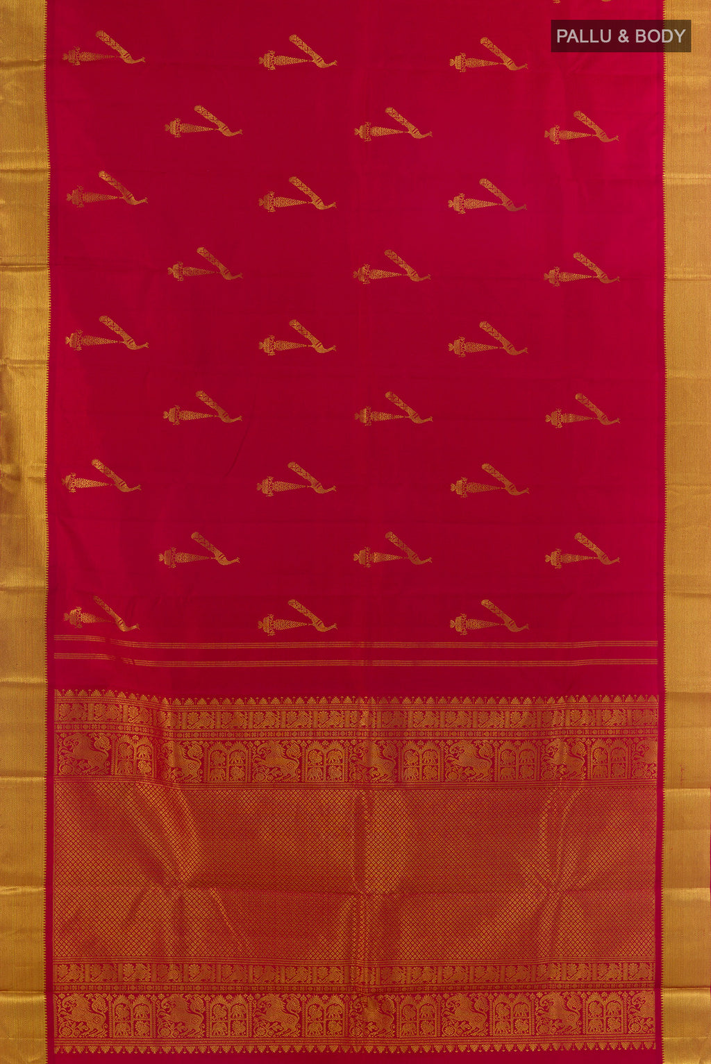 Flat view of Pure Silk Red Kanjivaram Saree with Zari Butta on the body and Zari Border. 