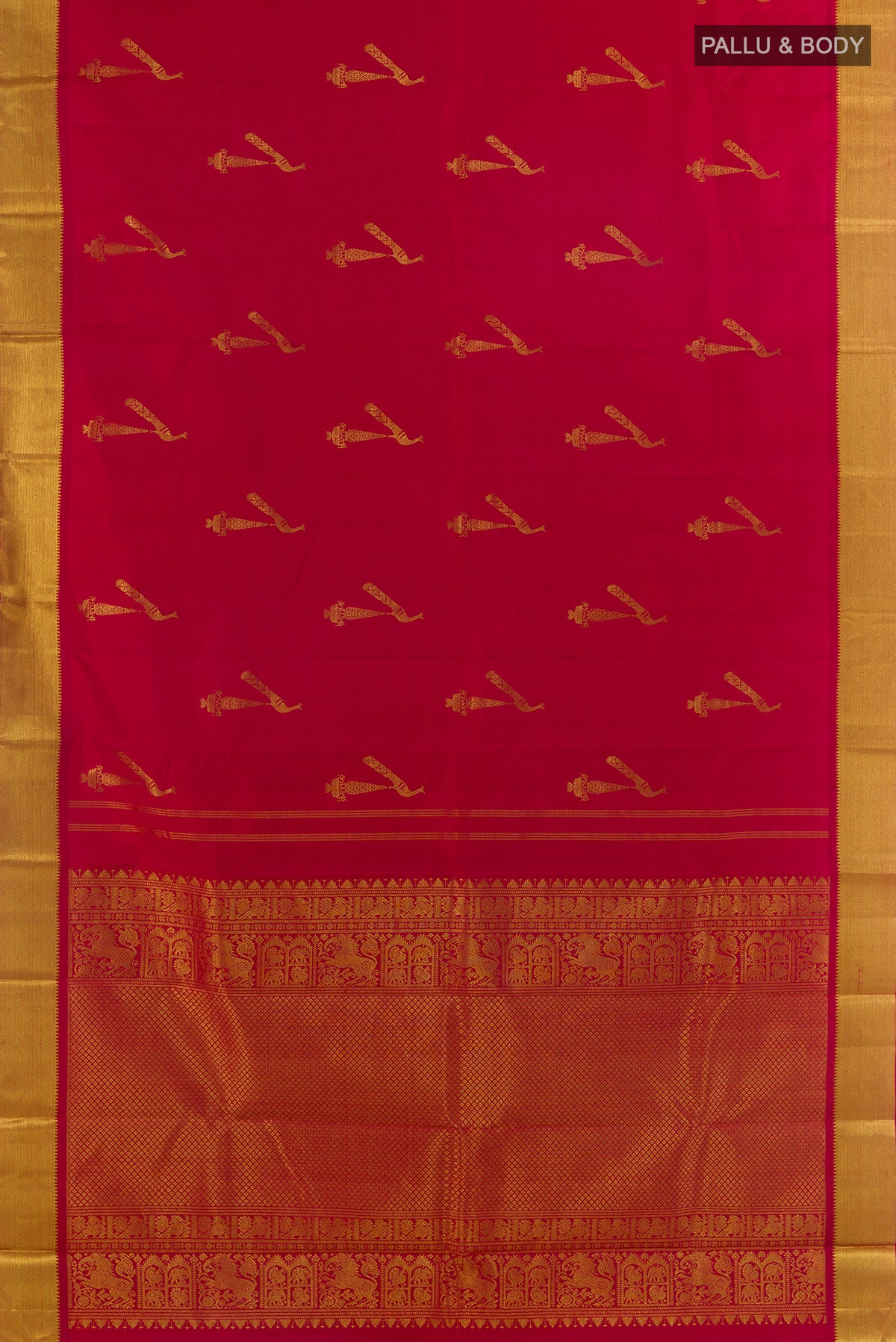 Flat view of Pure Silk Red Kanjivaram Saree with Zari Butta on the body and Zari Border. 