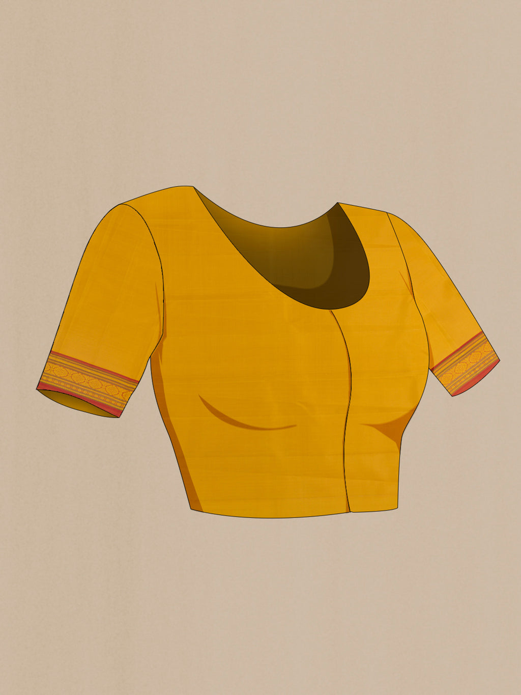 Close up image of the blouse of Pure Silk Yellow Kanjivaram Saree with Thread Butta on the body and Thread Border. 