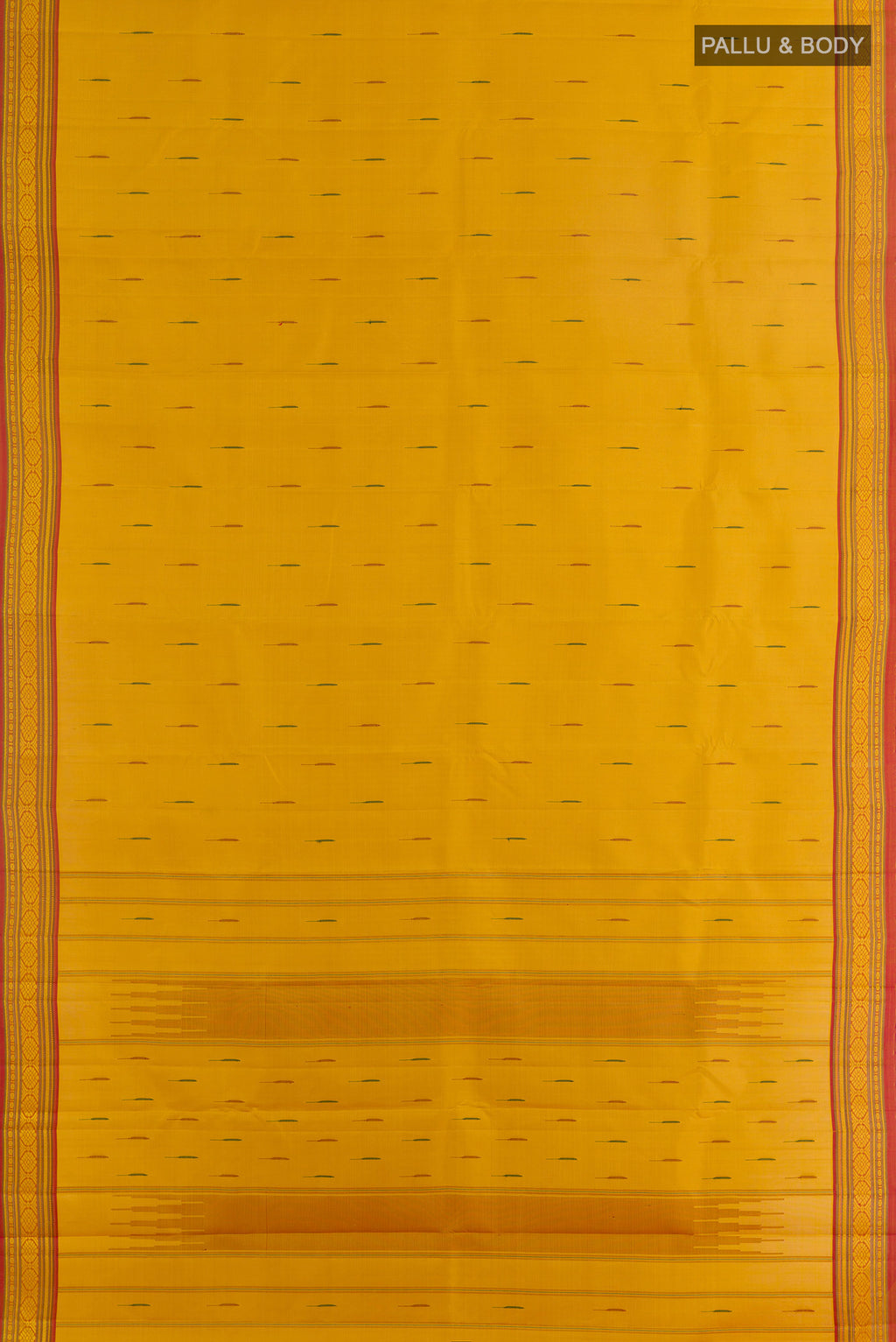 Flat view of Pure Silk Yellow Kanjivaram Saree with Thread Butta on the body and Thread Border. 