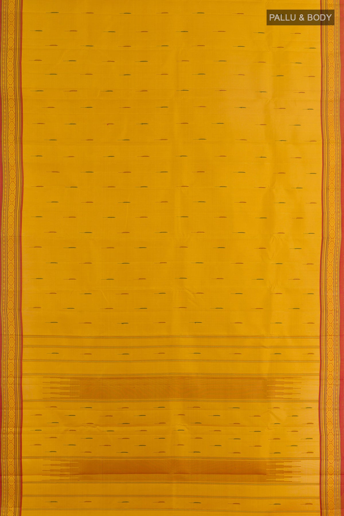 Flat view of Pure Silk Yellow Kanjivaram Saree with Thread Butta on the body and Thread Border. 