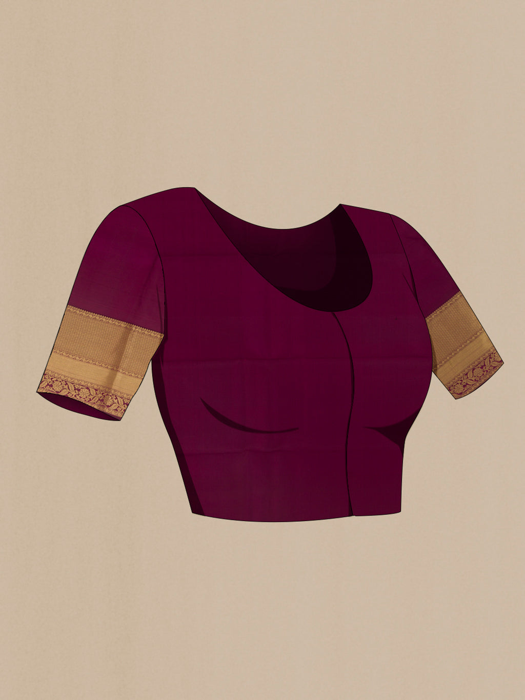 Close up image of the blouse of Pure Silk Maroon Kanchipuram Saree with Zari Butta on the body and Zari Border. 