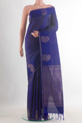 Pure Silk Blue Kanchipuram Saree with Stripes on the body and Zari Border.  displayed on a mannequin