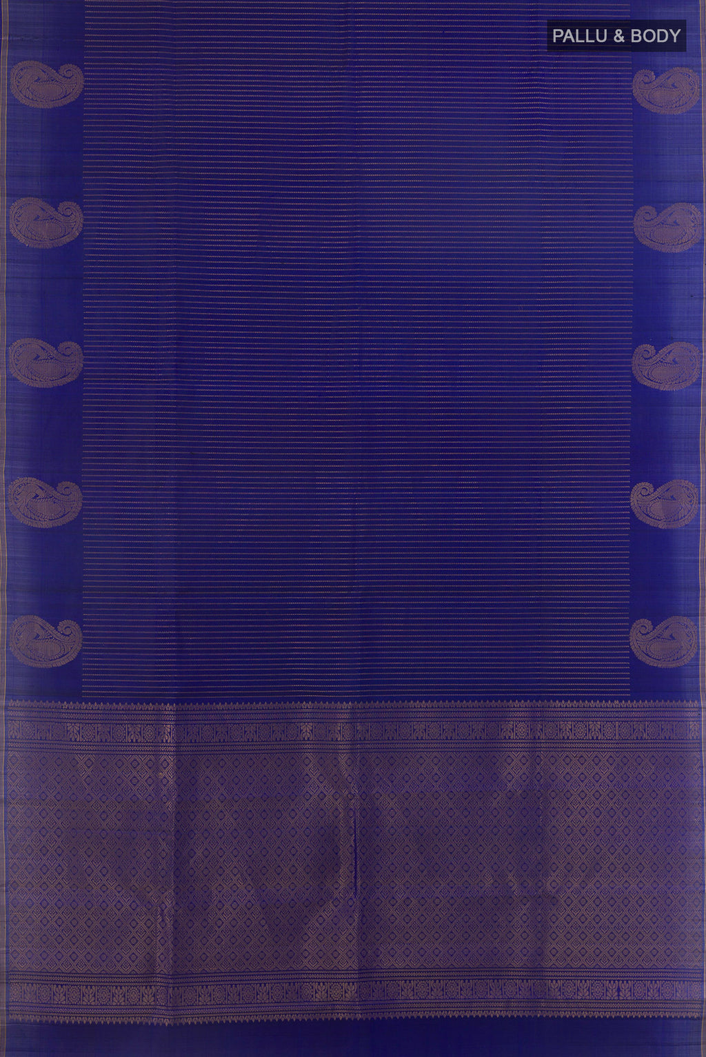 Flat view of Pure Silk Blue Kanchipuram Saree with Stripes on the body and Zari Border. 