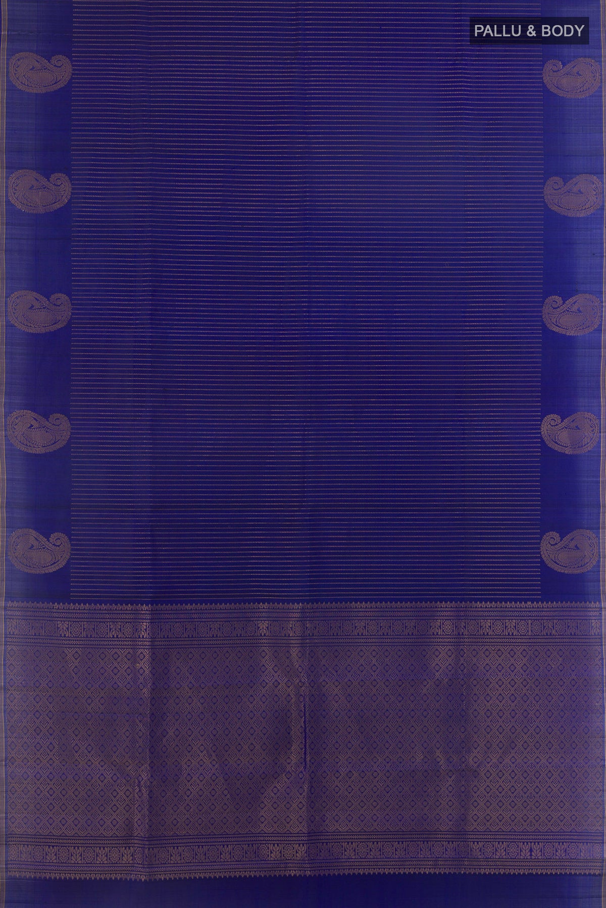Flat view of Pure Silk Blue Kanchipuram Saree with Stripes on the body and Zari Border. 