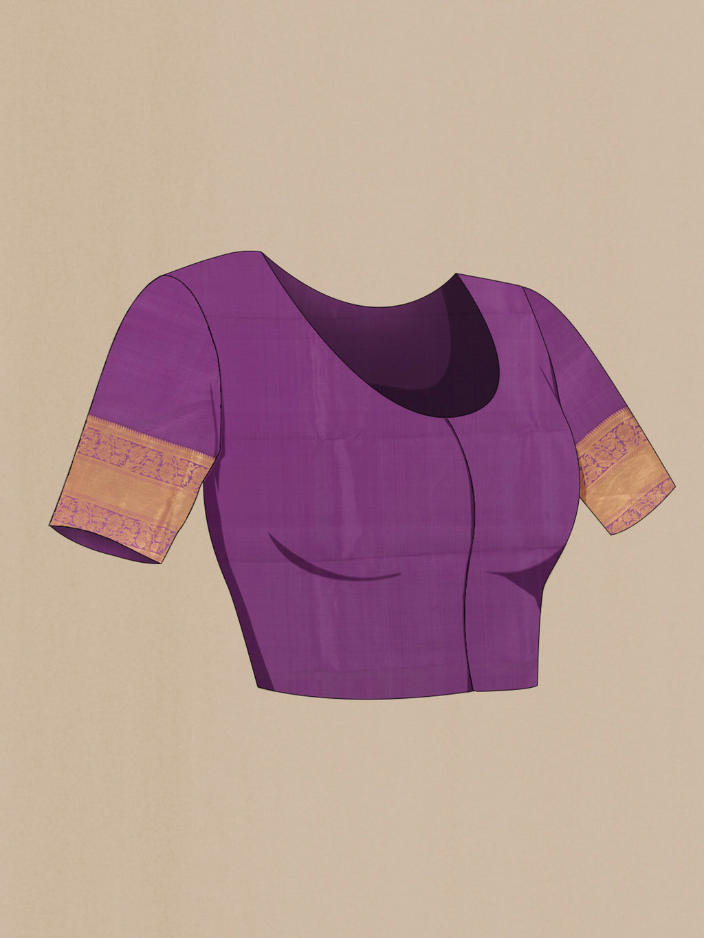 Close up image of the blouse of Pure Silk Lavender Kanchipuram Saree with Zari Butta on the body and Zari Border. 