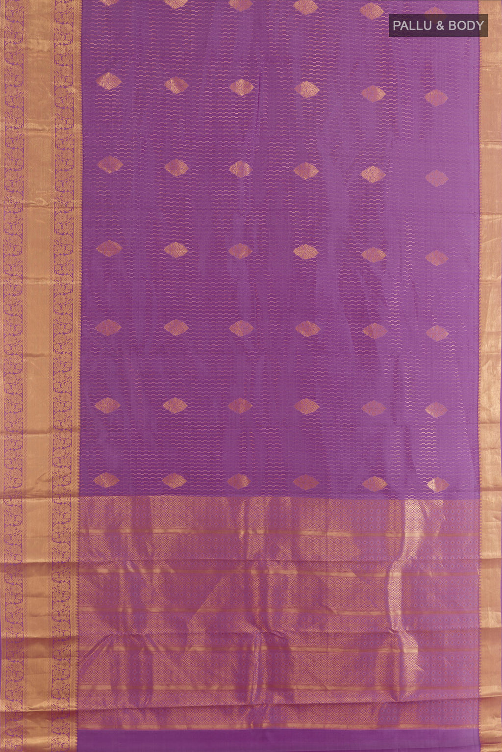 Flat view of Pure Silk Lavender Kanchipuram Saree with Zari Butta on the body and Zari Border. 