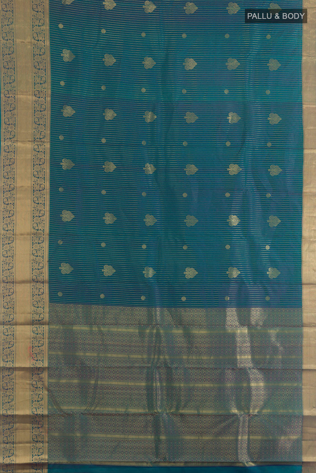 Flat view of Pure Silk Peacock Blue Kanchipuram Saree with Zari Butta on the body and Zari Border. 