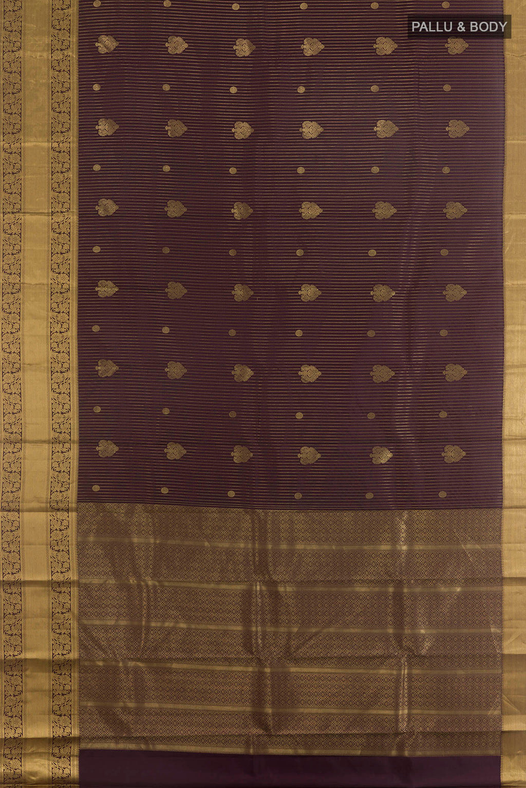 Flat view of Pure Silk Purple Kanchipuram Saree with Stripes on the body and Zari Border. 