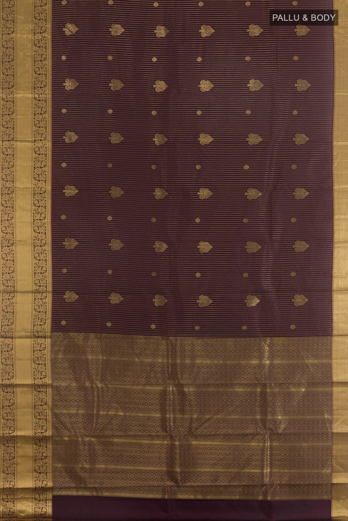 Flat view of Pure Silk Purple Kanchipuram Saree with Stripes on the body and Zari Border. 