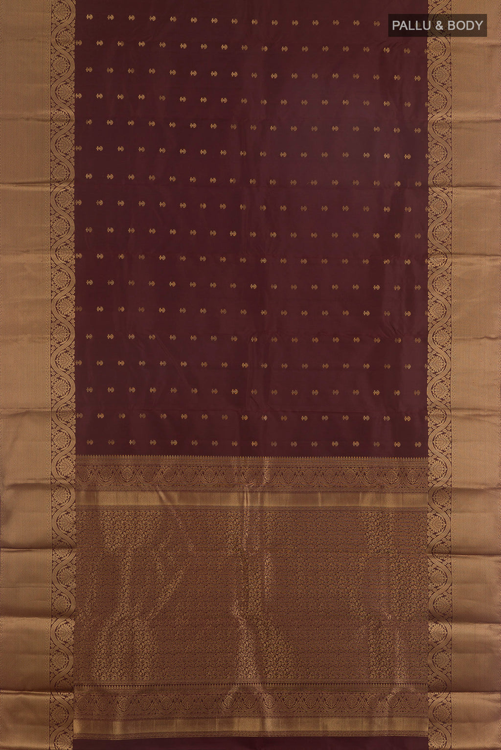 Flat view of Pure Silk Coffee Brown Kanchipuram Saree with Zari Butta on the body and Zari Border. 