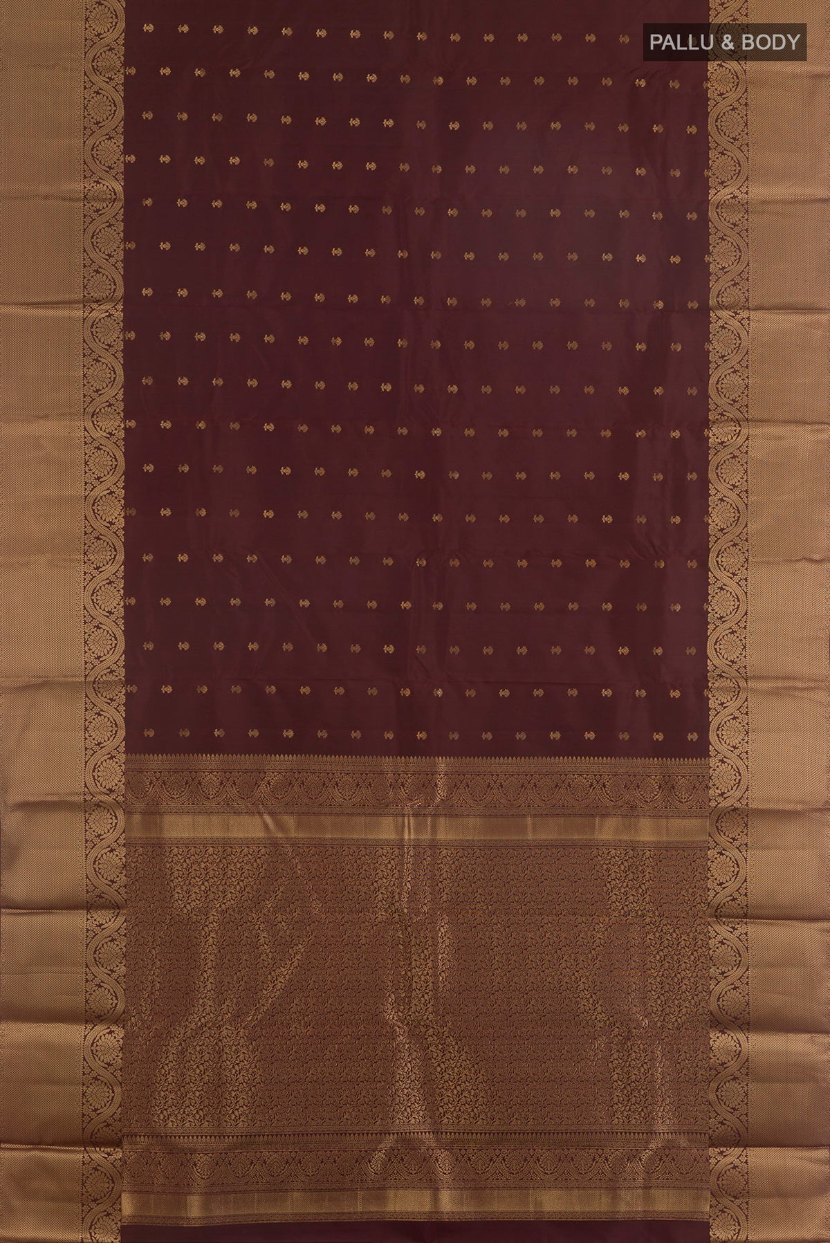 Flat view of Pure Silk Coffee Brown Kanchipuram Saree with Zari Butta on the body and Zari Border. 