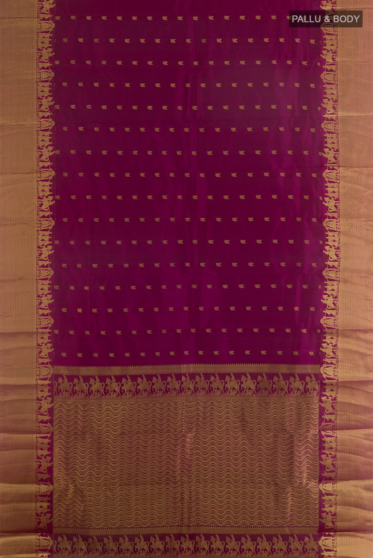 Flat view of Pure Silk Burgundy Kanchipuram Saree with Zari Butta on the body and Zari Border. 