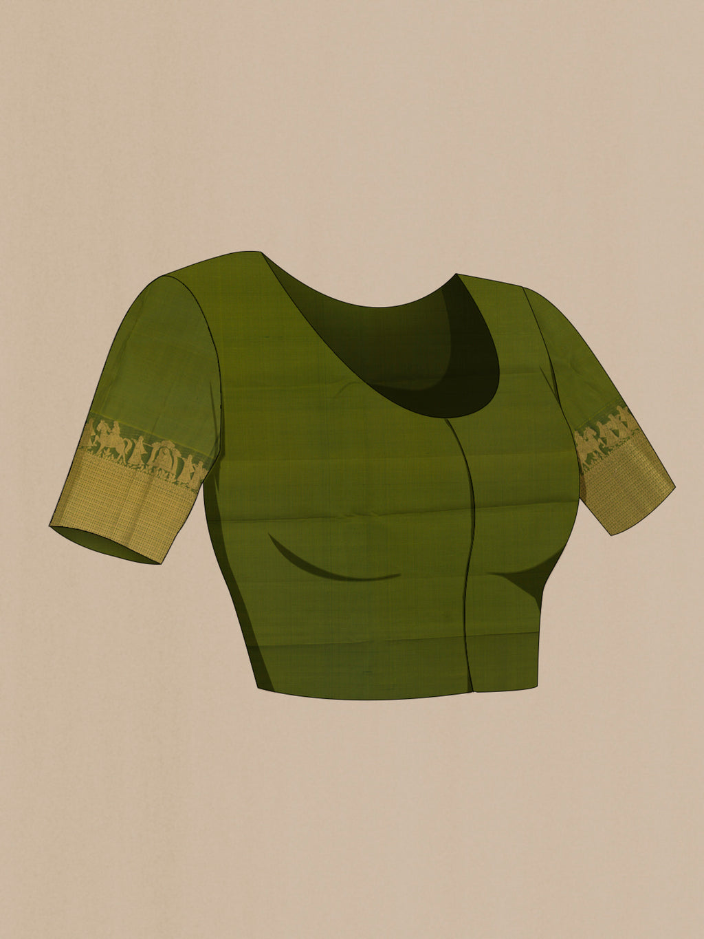 Close up image of the blouse of Pure Silk Mehandi Green Kanchipuram Saree with Zari Butta on the body and Zari Border. 
