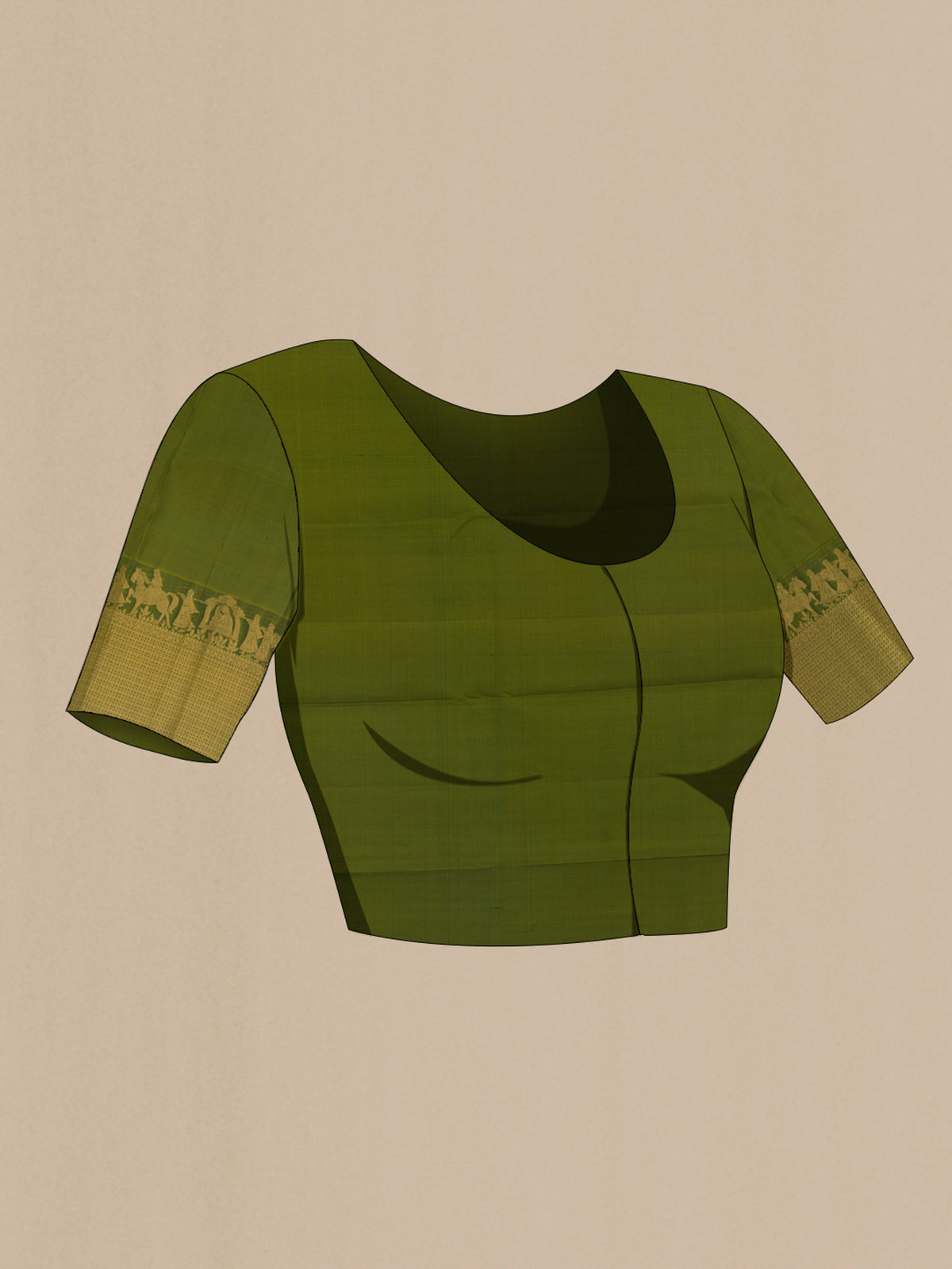 Close up image of the blouse of Pure Silk Mehandi Green Kanchipuram Saree with Zari Butta on the body and Zari Border. 