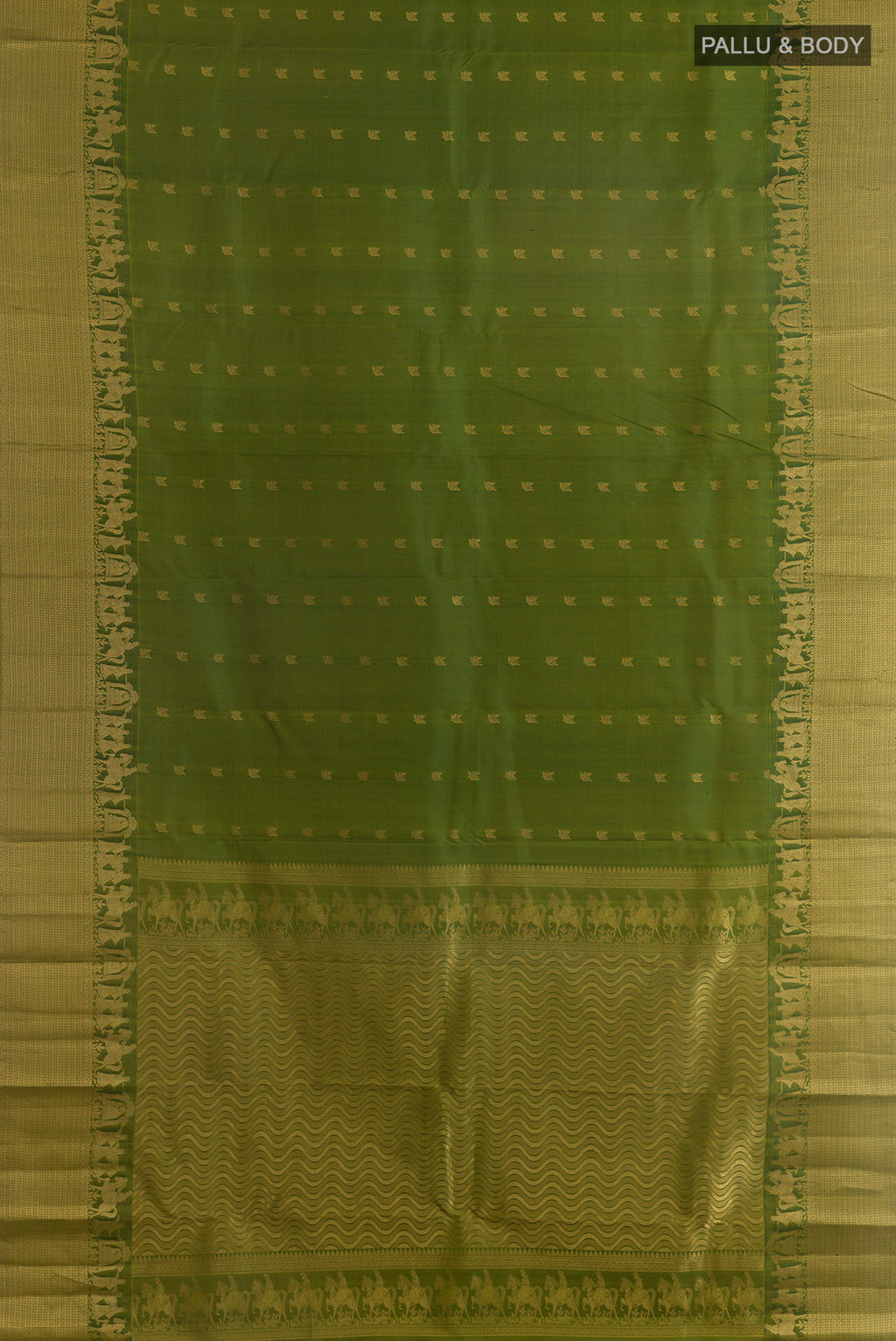 Flat view of Pure Silk Mehandi Green Kanchipuram Saree with Zari Butta on the body and Zari Border. 