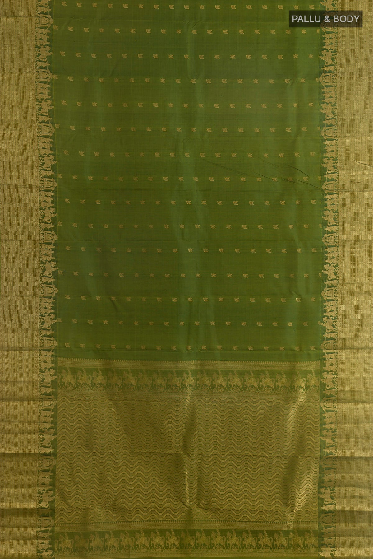Flat view of Pure Silk Mehandi Green Kanchipuram Saree with Zari Butta on the body and Zari Border. 