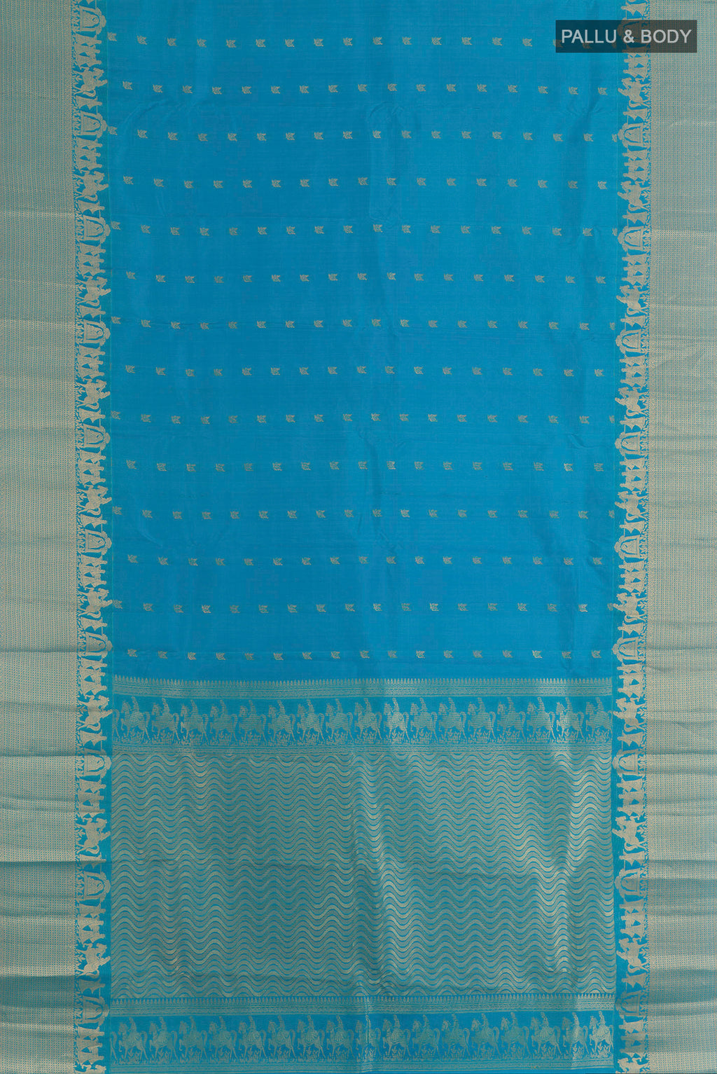 Flat view of Pure Silk Blue Kanchipuram Saree with Zari Butta on the body and Zari Border. 