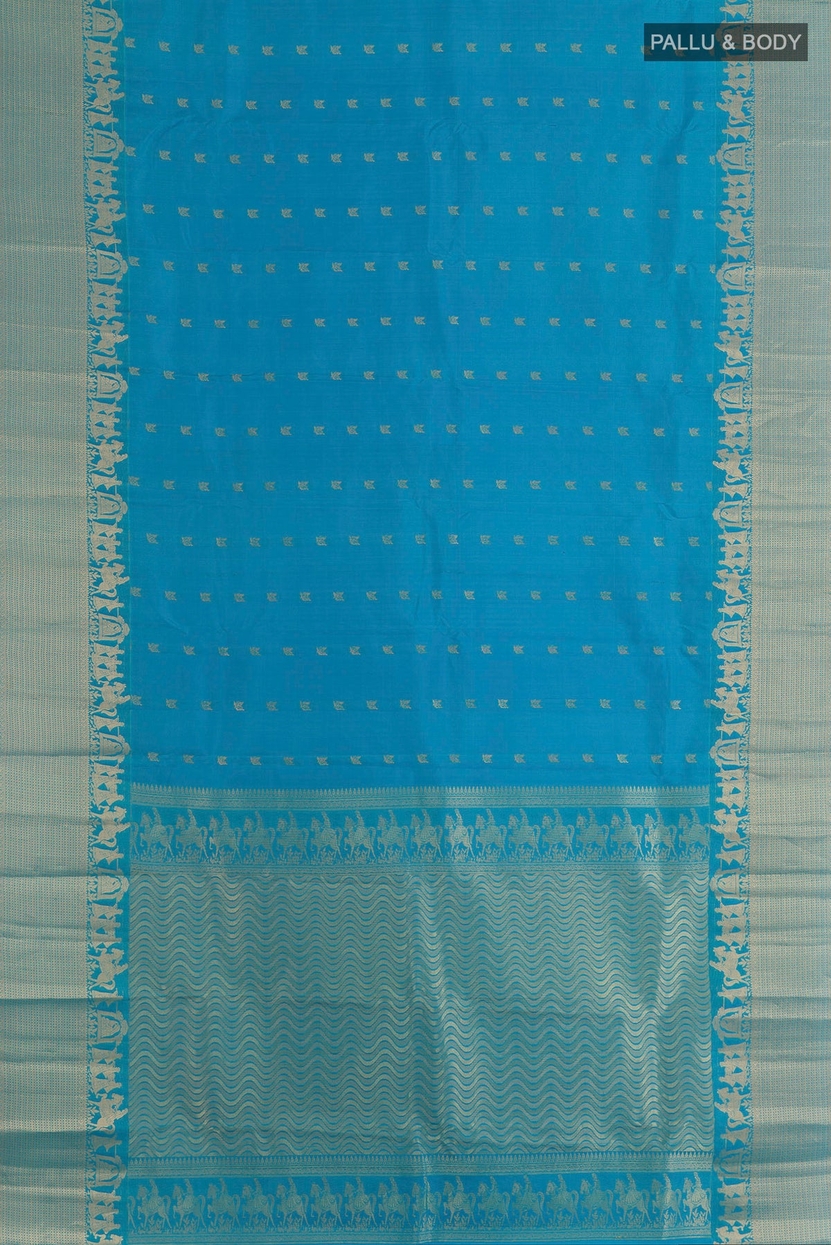 Flat view of Pure Silk Blue Kanchipuram Saree with Zari Butta on the body and Zari Border. 