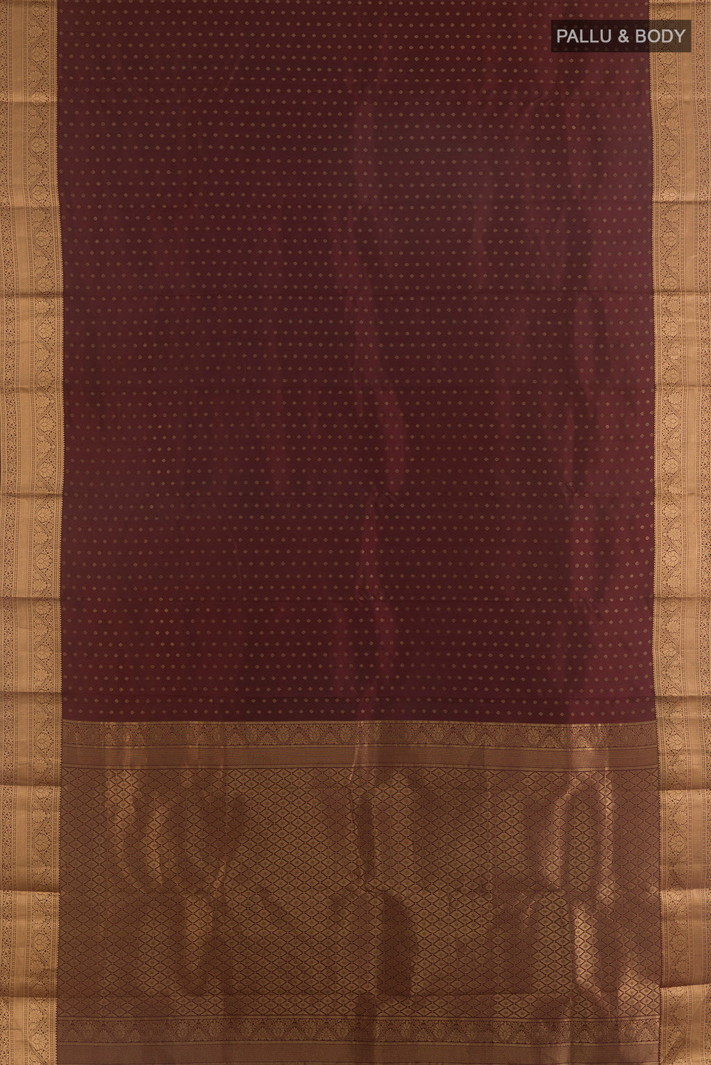 Flat view of Pure Silk Brown Kanchipuram Saree with Zari Butta on the body and Zari Border. 